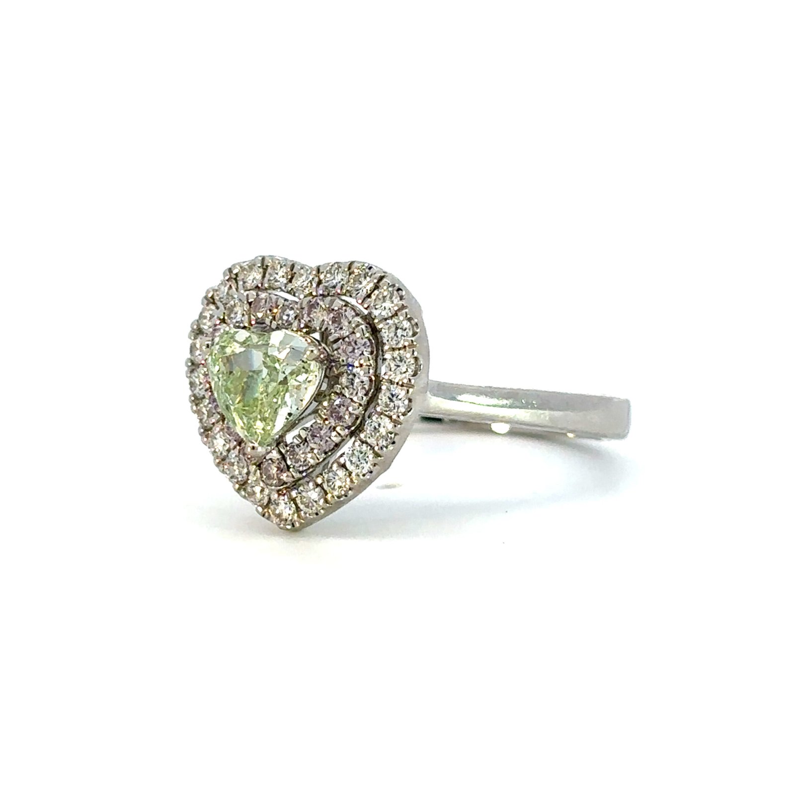 18K White Gold Ring with Heart shaped Green Diamond 0.70 Carat, 16 Round Pink Diamonds TDW 0.209 Carat and 22 Round White Diamonds TDW 0.231 Carat - Image 2