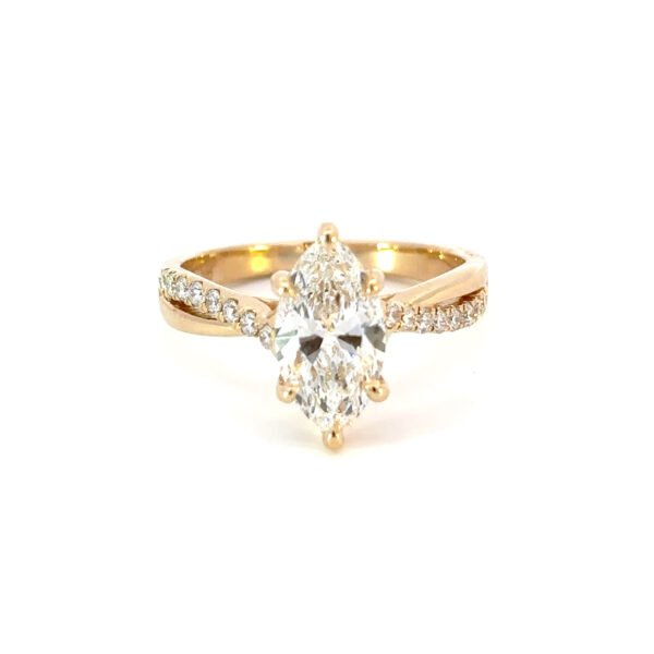 18K Yellow Gold Ring with Marquise cut Lab Grown Diamond 1.55 Carat and 16 Round Lab Grown Diamonds TDW 0.21 Carat