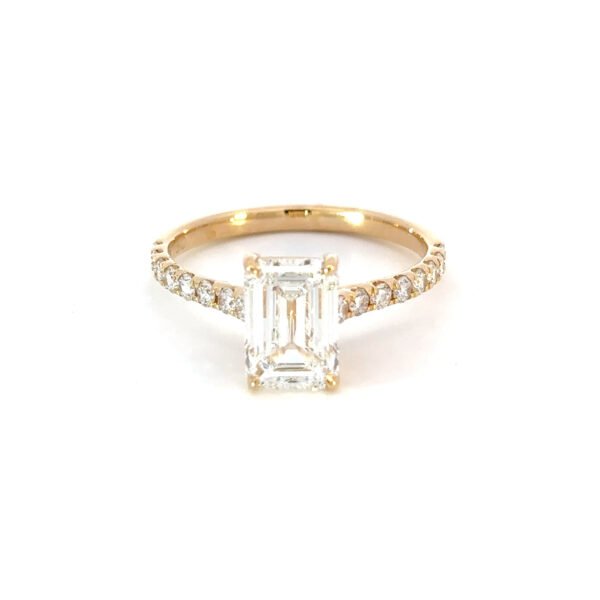 18K Yellow Gold Ring with Emerald cut Lab Grown Diamond 1.75 Carat and 16 Round Lab Grown Diamonds TDW 0.36 Carat