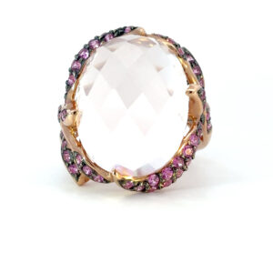 10K Rose Gold Ring with Rose Quartz 11.66 Carat and 50 Round Pink Sapphires TCW 0.86 Carat