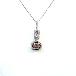14K White Gold Pendant with Round Brown Diamond 0.21 Carat and 35 Round White Diamonds TDW 0.15 Carat