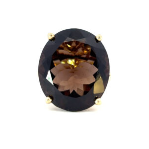 14K Yellow Gold Ring with Oval Smoky Quartz 12.33 Carat and 2 Round Pink Sapphires 0.09