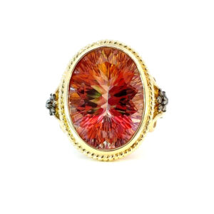 14K Yellow Gold Ring with Oval Azotic Topaz 15.3 Carat and 14 Round Brown Diamonds TDW 0.12 Carat