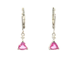 14K White Gold Drop Earrings with 2 Trillion cut Pink Sapphires TCW 1.32 Carat and 2 Round White Diamonds TDW 0.03 Carat