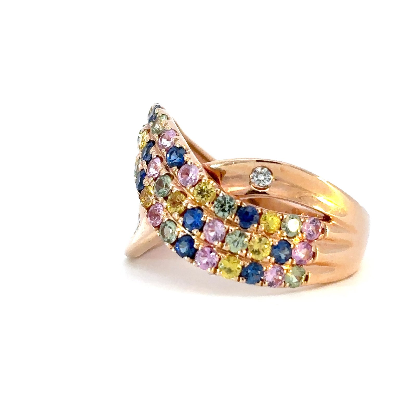 14K Rose Gold Ring with 45 Round Multi-colured Sapphires TCW 1.62 Carat and 2 Round White Diamonds TDW 0.05 Carat - Image 2