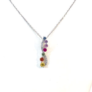 14K White Gold Necklace with 7 Round Multi-colured Sapphires TCW 0.35 Carat and 11 Round White Diamonds TDW 0.05 Carat