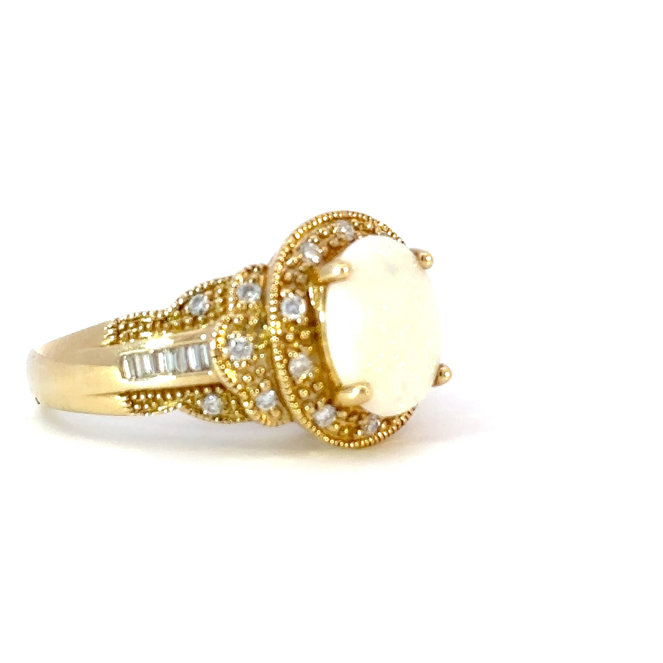 14K Yellow Gold Ring with Oval shaped Australian Opal 1.21 Carat 12 Baguette White Diamonds TDW 0.07 Carat and 20 Round White Diamonds TDW 0.20 Carat - Image 3