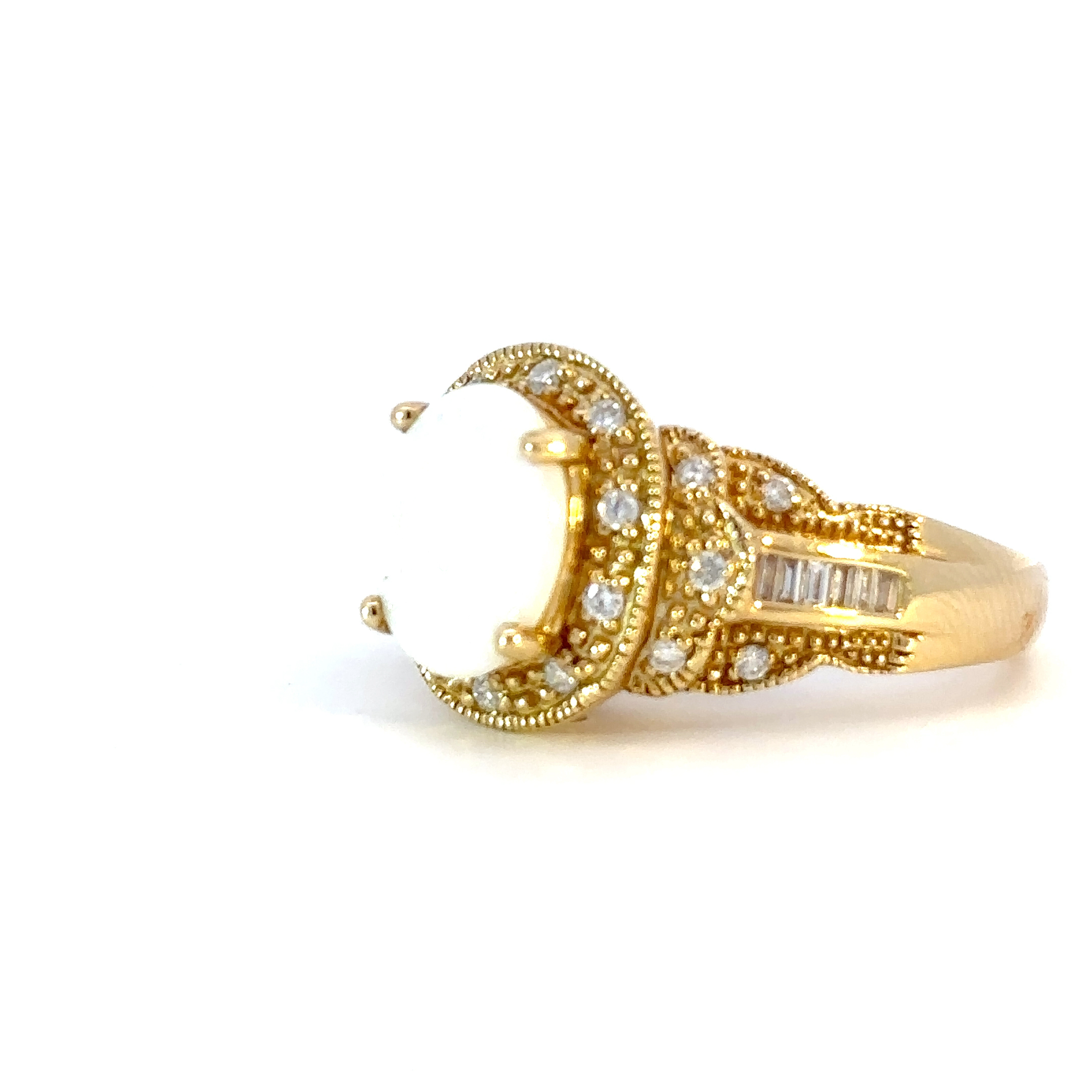 14K Yellow Gold Ring with Oval shaped Australian Opal 1.21 Carat 12 Baguette White Diamonds TDW 0.07 Carat and 20 Round White Diamonds TDW 0.20 Carat - Image 2