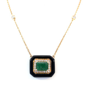 14K Yellow Gold Necklace with Emerald 0.99 Carat Onyx 2.17 Carat and 24 Round White Diamonds TDW 0.17 Carat