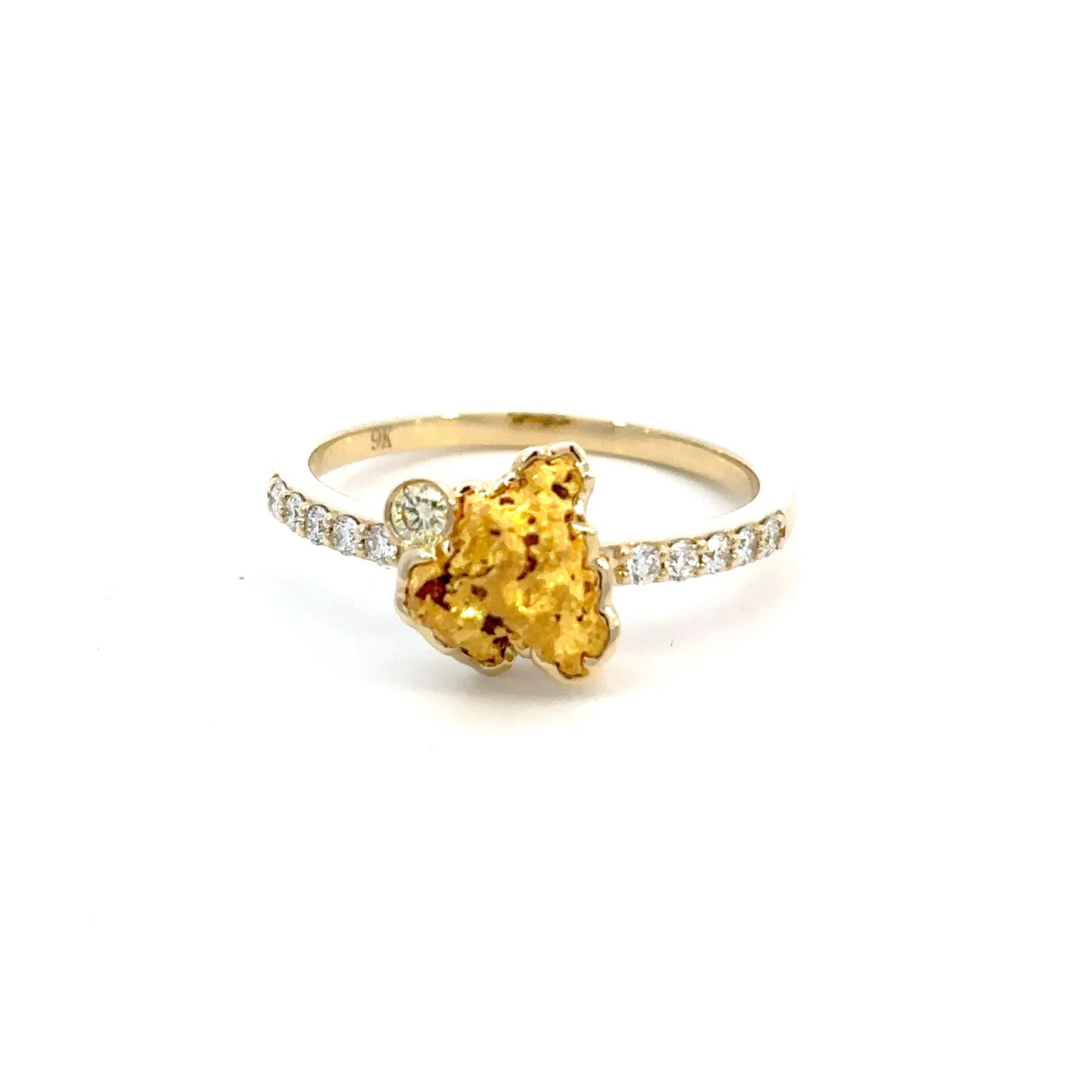 9K Yellow Gold Ring with Australian Nugget 0.77g, Round Yellow Diamond 0.04 Carat and 10 Round White Diamonds TDW 0.14 Carat
