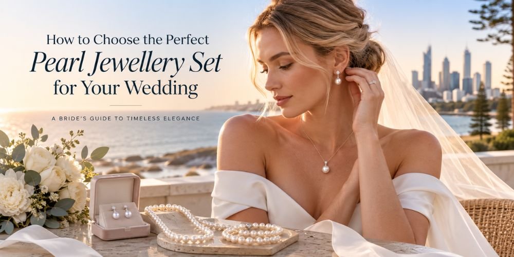 Bride wearing an elegant pearl jewellery set for a wedding with the Western Australian coastline in the background.