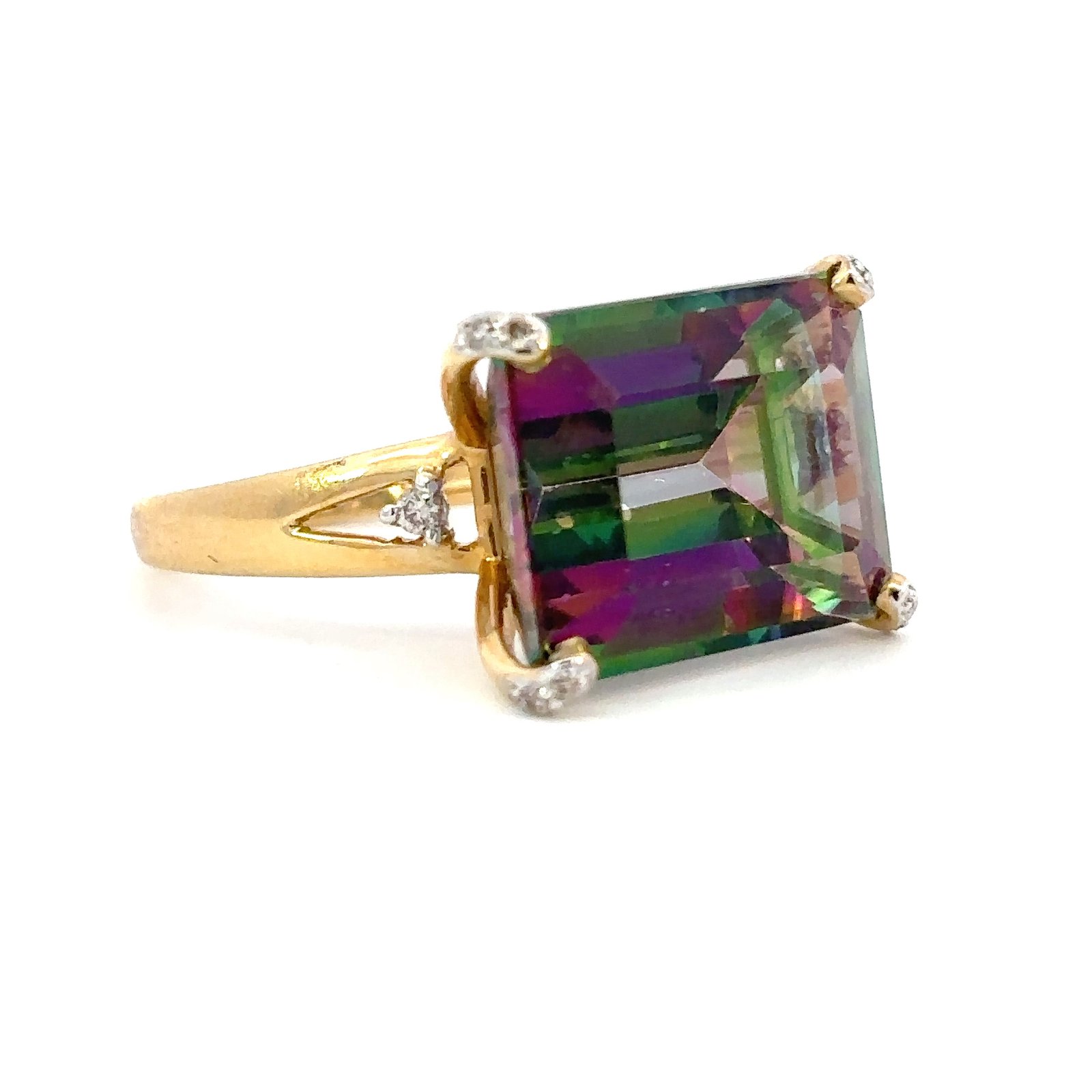 14K Yellow Gold Ring with Emerald cut Mystic Topaz 15.03 Carat and 10 Round White Diamonds TDW 0.09 Carat - Image 2