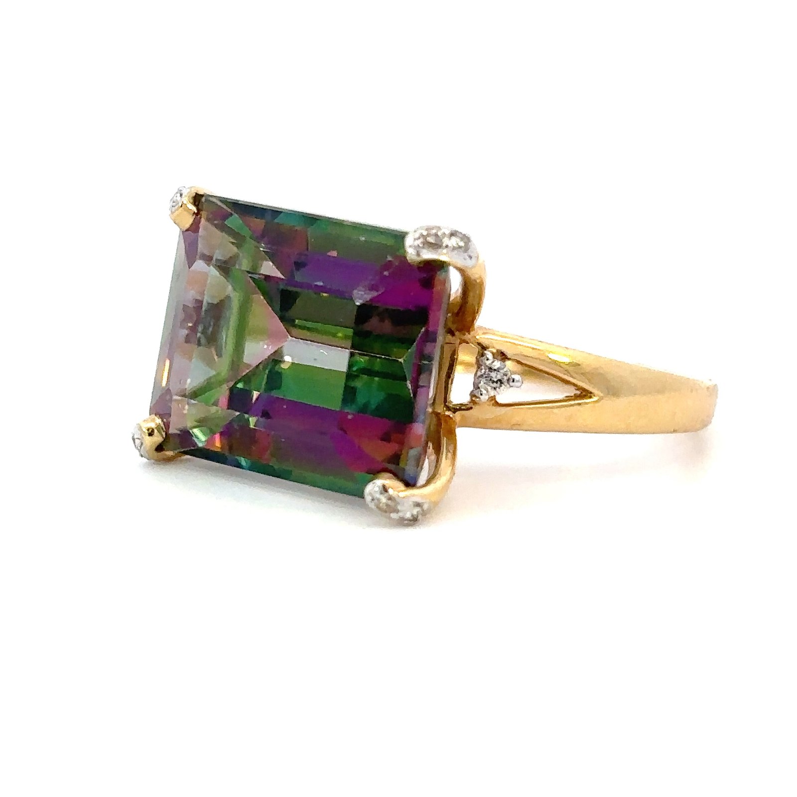 14K Yellow Gold Ring with Emerald cut Mystic Topaz 15.03 Carat and 10 Round White Diamonds TDW 0.09 Carat - Image 3