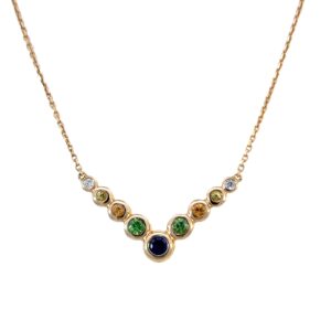 14K Yellow Gold Necklace with Round Multi-colured gemstones