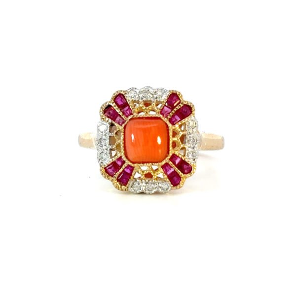 9K Yellow Gold Ring Natural Coral, Rubies and Diamonds