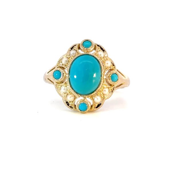 9K Yellow Gold Ring Natural Turquoise and Pearls