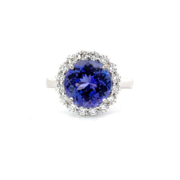 18K White Gold Ring Round Tanzanite 3.85 Carat 16 Round White Diamonds TDW 0.46 Carat