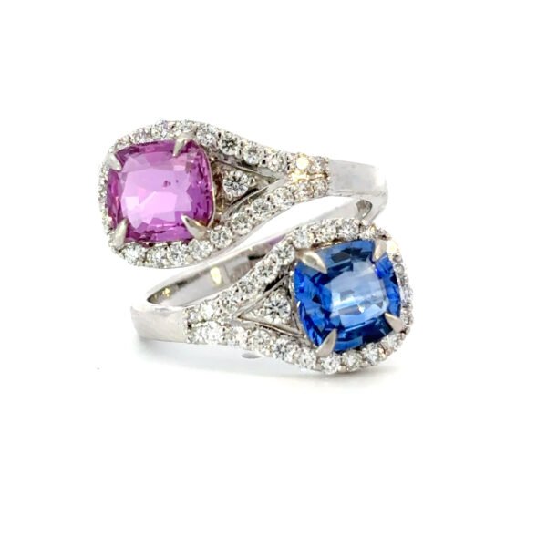 18K White Gold Ring 2 Cushion cut Pink & Blue Sapphires TCW 3.81 Carat 50 Round White Diamonds TDW 0.78 Carat
