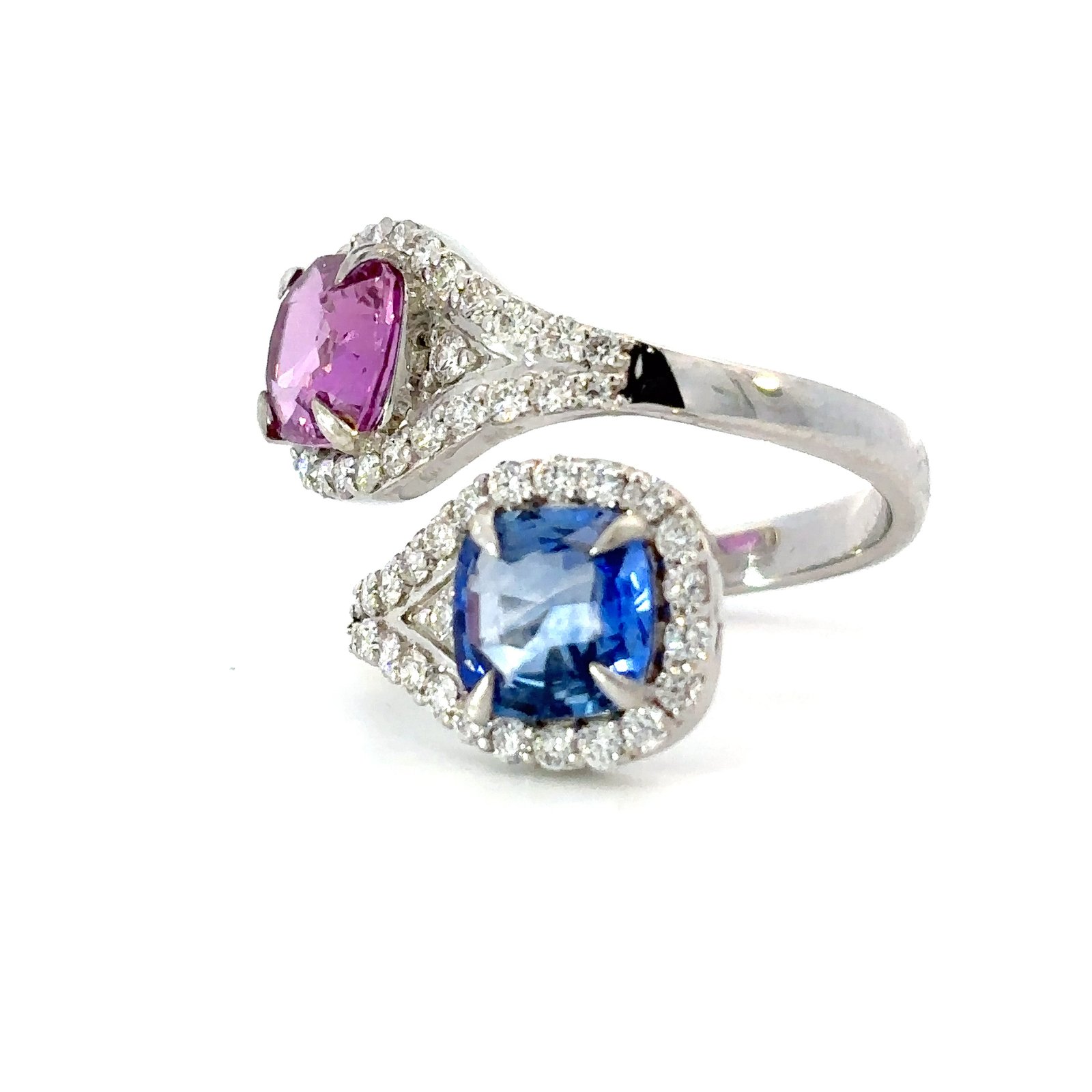 18K White Gold Ring 2 Cushion cut Pink & Blue Sapphires TCW 3.81 Carat 50 Round White Diamonds TDW 0.78 Carat - Image 2