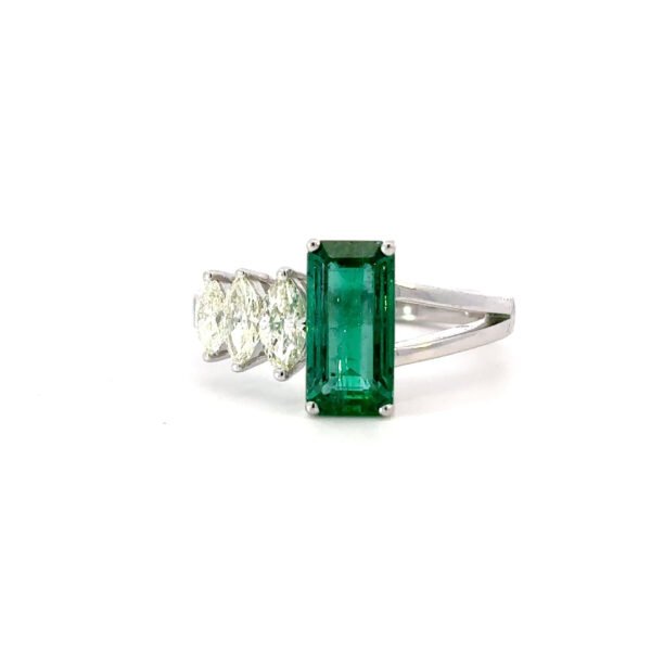 18K White Gold Ring Emerald 1.7 Carat 3 Marquise White Diamonds TDW 0.46 Carat