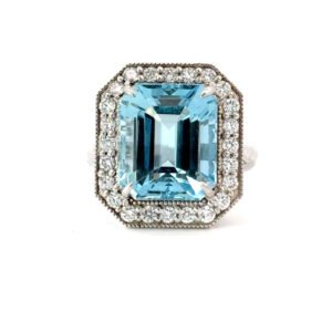 18K White Gold Ring Radiant Aquamarine 7.64 Carat 24 Round White Diamonds TDW 1.02 Carat