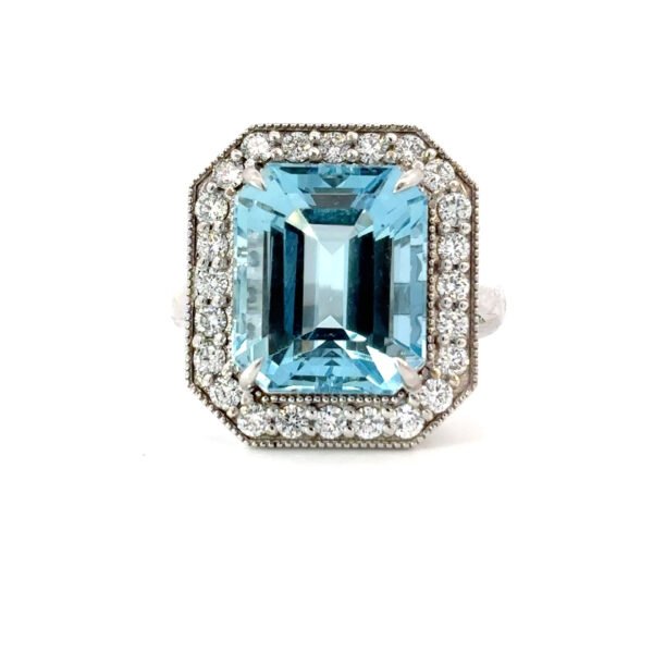 18K White Gold Ring Radiant Aquamarine 7.64 Carat 24 Round White Diamonds TDW 1.02 Carat