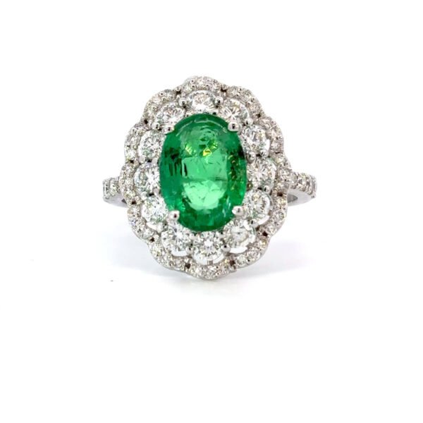 18K White Gold Ring Oval Emerald 2.56 Carat 58 Round White Diamonds TDW 1.51 Carat