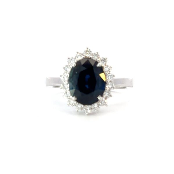 18K White Gold Ring Oval Blue Sapphire 4.01 Carat 18 Round White Diamonds TDW 0.47 Carat