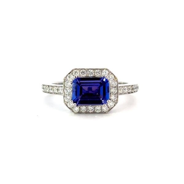 18K White Gold Ring Emerald cut Tanzanite 1.45 Carat 36 Round White Diamonds TDW 0.39 Carat