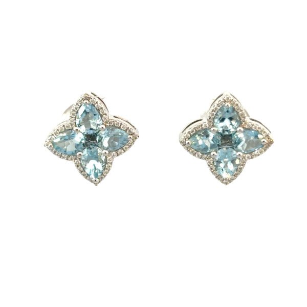18K White Gold Stud Earrings 10 Aquamarines TCW 1.43 Carat 72 Round White Diamonds TDW 0.13 Carat