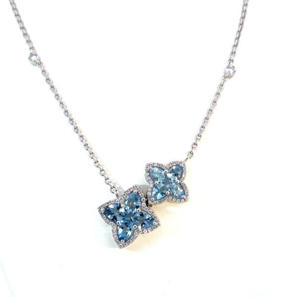18K White Gold Necklace 10 Aquamarines TCW 1.62 Carat 74 Round White Diamonds TDW 0.22 Carat