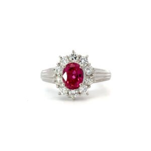 Platinum Ring Oval Ruby 1.01 Carat 10 Round White Diamonds TDW 0.54 Carat