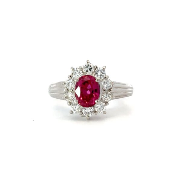 Platinum Ring Oval Ruby 1.01 Carat 10 Round White Diamonds TDW 0.54 Carat
