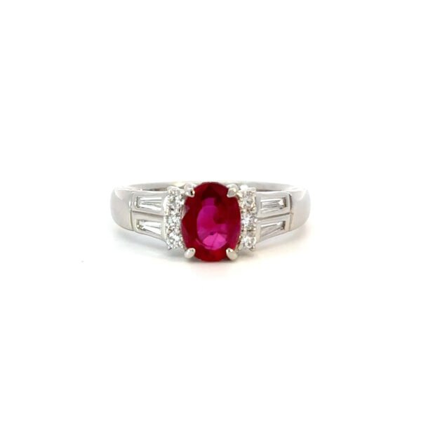 Platinum Ring Oval Ruby 1.01 Carat and 10 Baguette Round White Diamonds TDW 0.26 Carat