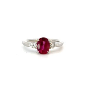 Platinum Ring Oval Ruby 1.42 Carat 2 Round White Diamonds TDW 0.17 Carat
