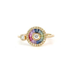 14K Yellow Gold Ring 16 Multi-colored Baguette Sapphires TCW 0.36 Carat 28 Round White Diamonds TDW 0.25 Carat