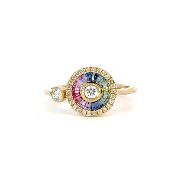 14K Yellow Gold Ring 16 Multi-colored Baguette Sapphires TCW 0.36 Carat 28 Round White Diamonds TDW 0.25 Carat