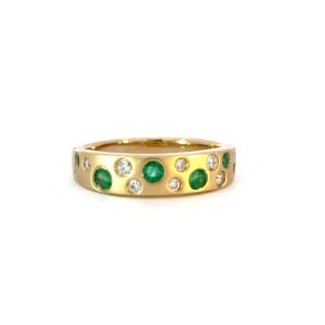 14K Yellow Gold Ring 6 Round Emeralds TCW 0.28 Carat 9 Round White Diamonds TDW 0.15 Carat