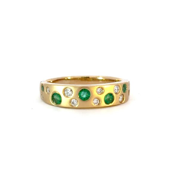 14K Yellow Gold Ring 6 Round Emeralds TCW 0.28 Carat 9 Round White Diamonds TDW 0.15 Carat