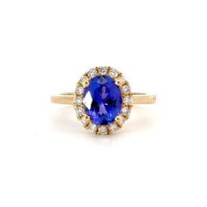14K Yellow Gold Ring Oval Tanzanite 2.19 Carat, 16 Round White Diamonds TDW 0.35 Carat