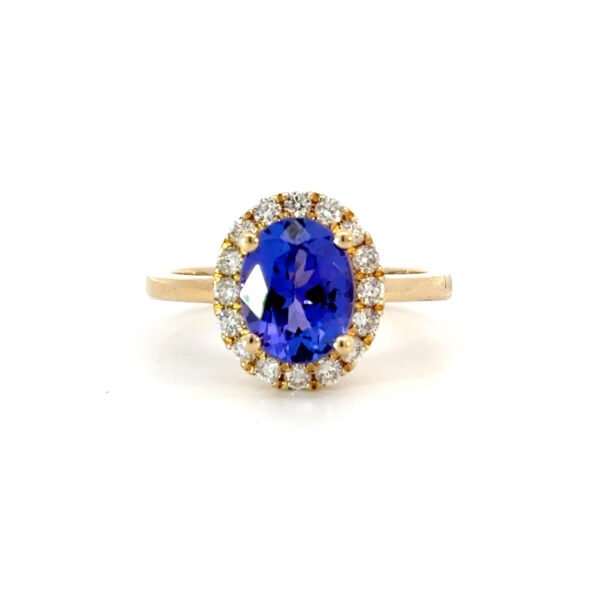 14K Yellow Gold Ring Oval Tanzanite 2.19 Carat, 16 Round White Diamonds TDW 0.35 Carat
