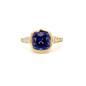 14K Yellow Gold Ring Cushion cut Tanzanite 2.55 Carat 12 Round White Diamonds TDW 0.20 Carat