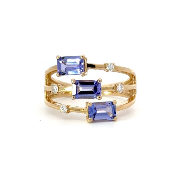 14K Yellow Gold Ring 3 Emerald cut Tanzanites TCW 1.75 Carat 4 Round White Diamonds TDW 0.11 Carat