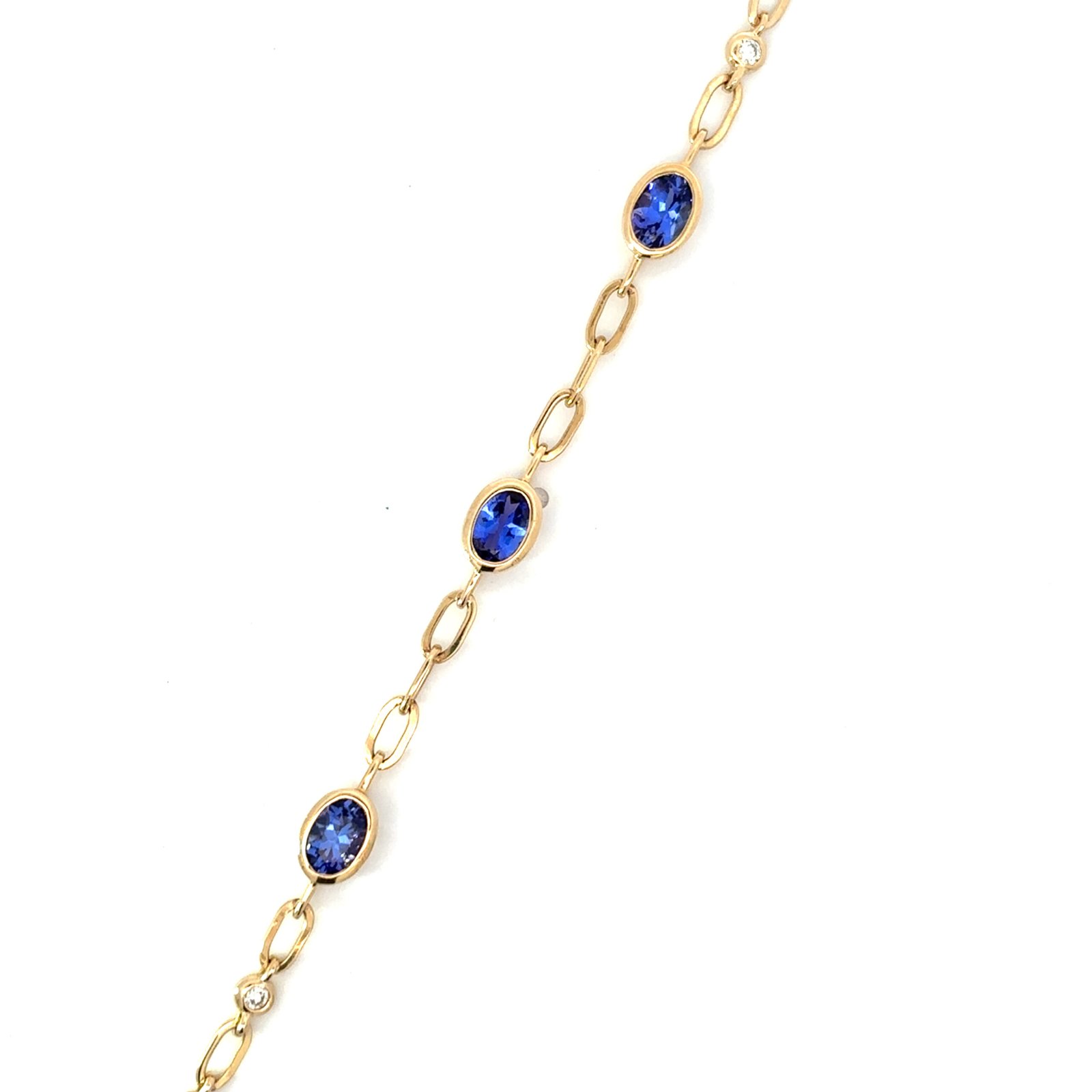 14K Yellow Gold Bracelet 3 Oval Tanzanites TCW 1.47 Carat 4 Round White Diamonds TDW 0.10 Carat