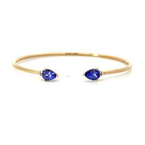 14K Yellow Gold Bangle 2 Pear cut Tanzanites TCW 1.51 Carat, 6 Round White Diamonds TDW 0.05 Carat