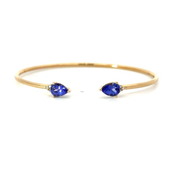 14K Yellow Gold Bangle 2 Pear cut Tanzanites TCW 1.51 Carat, 6 Round White Diamonds TDW 0.05 Carat