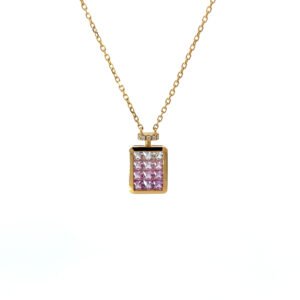 18K Yellow Gold Necklace 12 Pink Sapphires TCW 0.63 Carat Round White Diamonds TDW 0.01 Carat