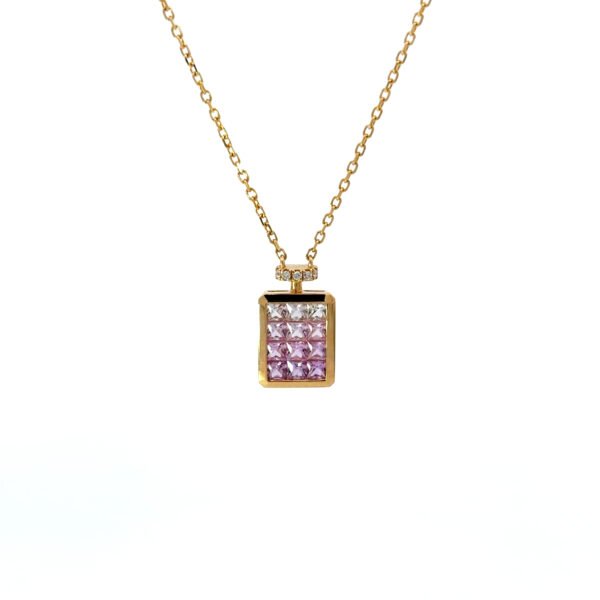 18K Yellow Gold Necklace 12 Pink Sapphires TCW 0.63 Carat Round White Diamonds TDW 0.01 Carat