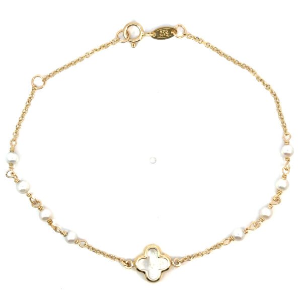 9K Yellow Gold Pearl and Mother of Pearl Clover Bracelet 19cm