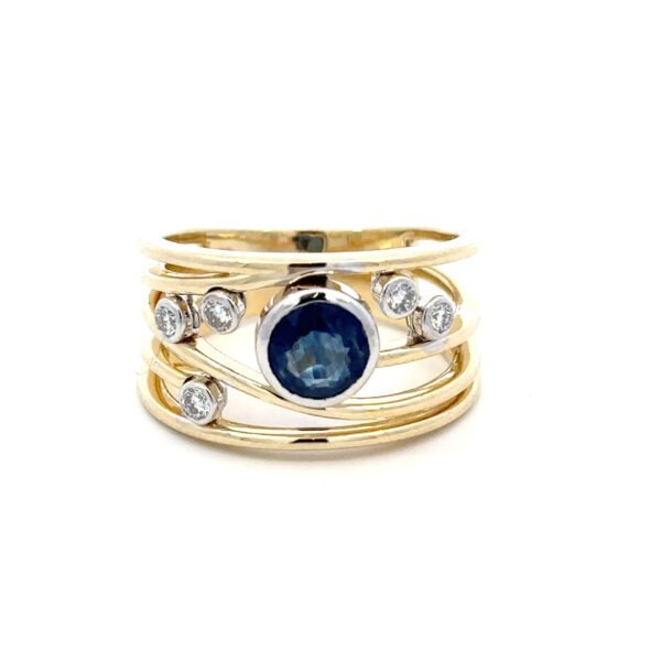 9K Yellow Gold Ring with Round Blue Sapphire 0.92 Carat and 5 Round White Diamonds TDW 0.17 Carat